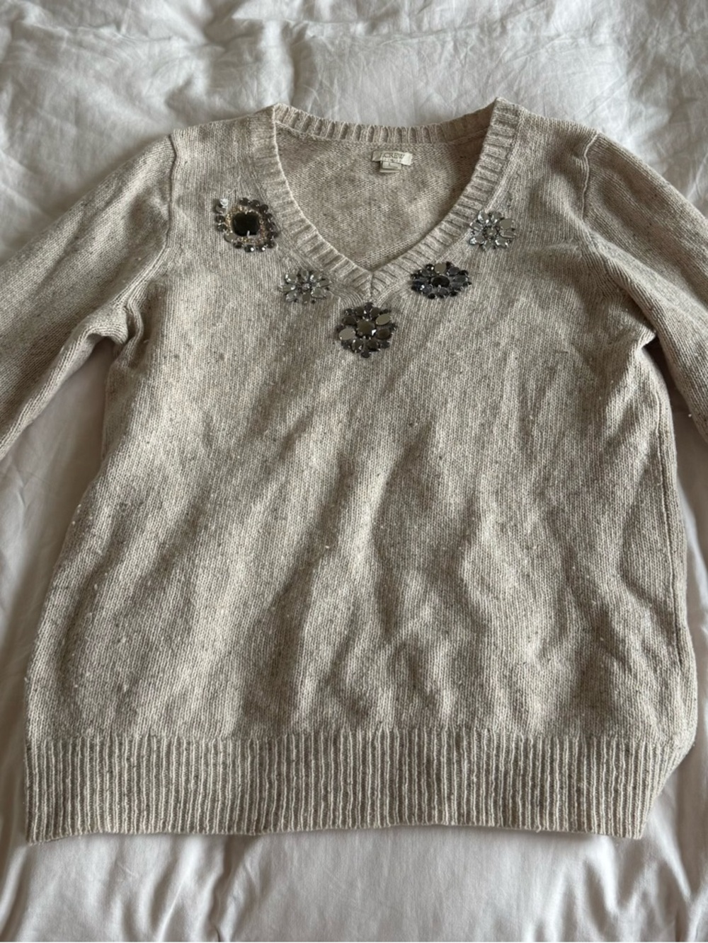 J. Crew Cream V-Neck Sweater with Jeweled Neckline